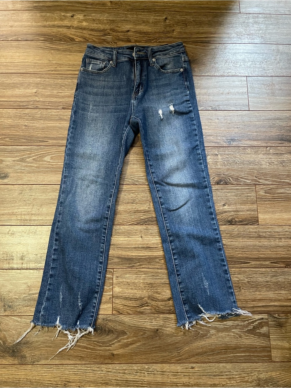 Distressed Straight-Leg Jeans in Dark Blue Wash